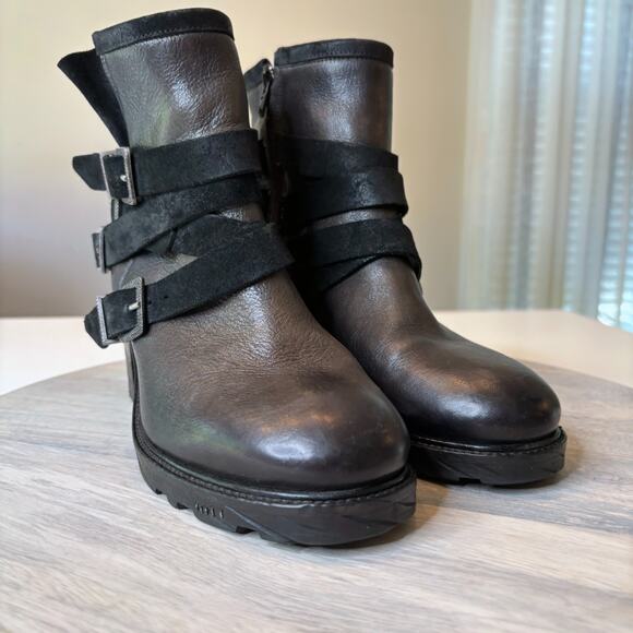 FreeBird by Steven Bond Black Leather Buckle Ankle Moto Boots EU Sz 38 US Size 9 - Picture 5 of 10